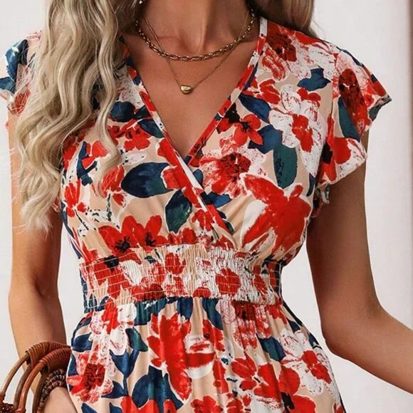 Boho dress, Floral Tropical V-Neck Ruffle Summer dress, Floral Minimalist dress - Picture 4 of 8